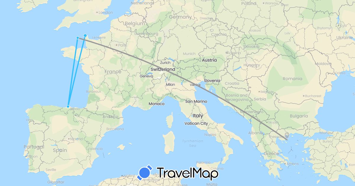 TravelMap itinerary: driving, plane, boat in Spain, France, Guernsey, Greece (Europe)